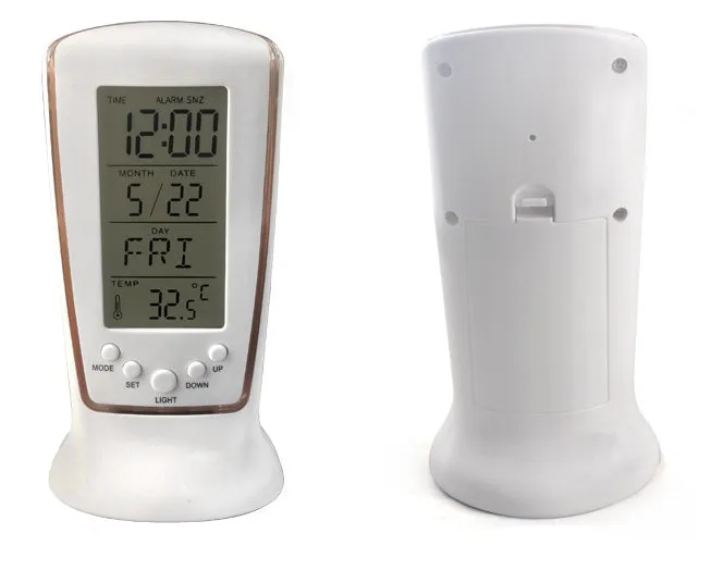 Multi-function LED digital clock with rectangular plastic body, blue backlight, and LCD showing time and temperature