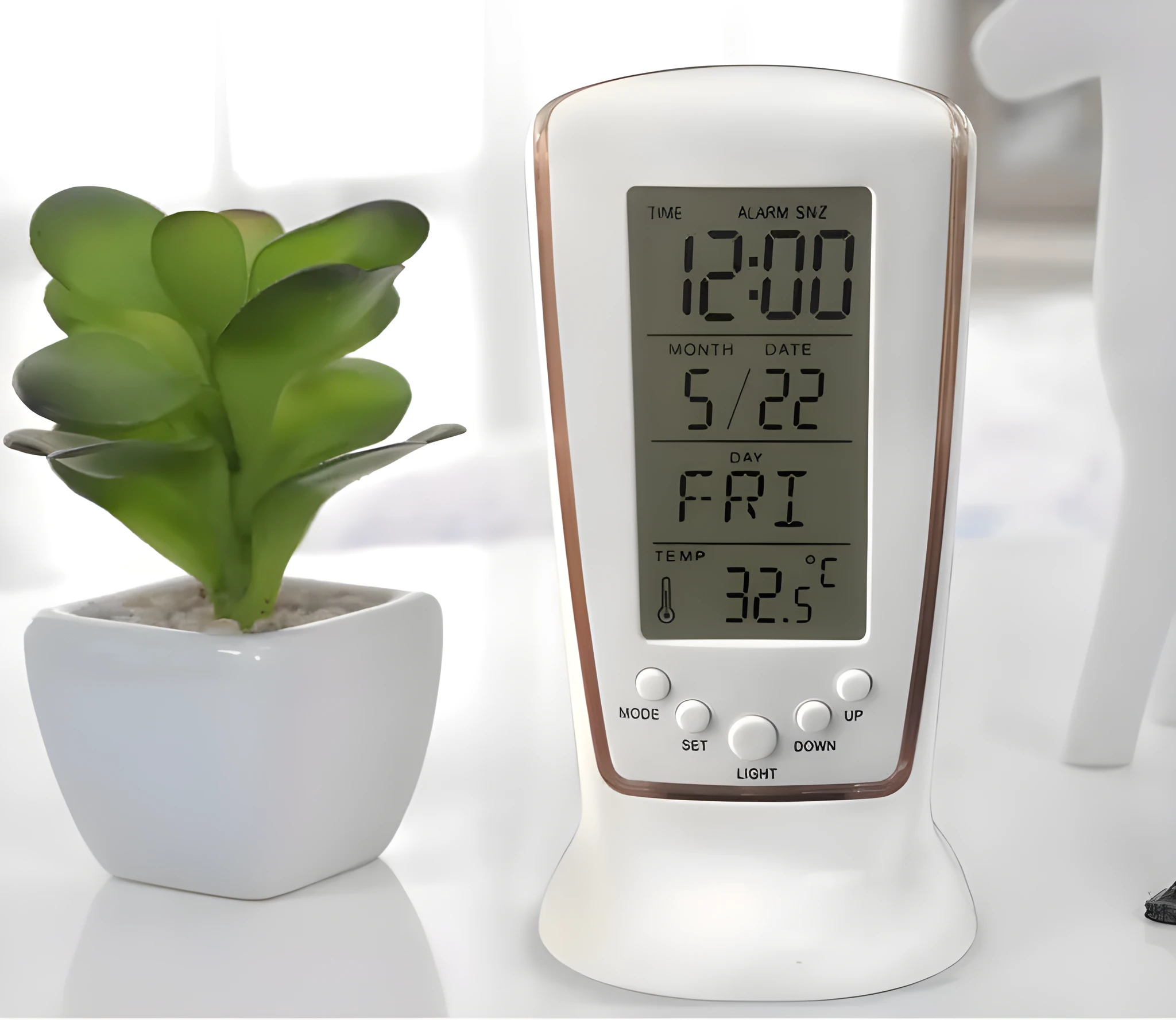 Multi-function LED digital clock with rectangular plastic body, blue backlight, and LCD showing time and temperature