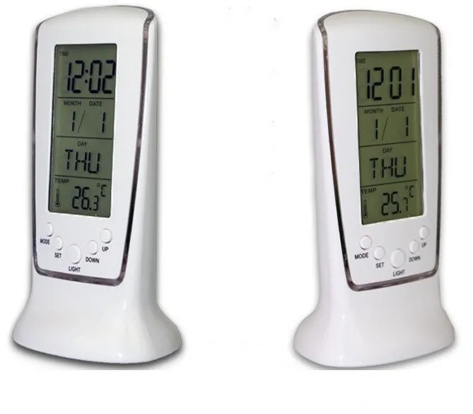 Multi-function LED digital clock with rectangular plastic body, blue backlight, and LCD showing time and temperature