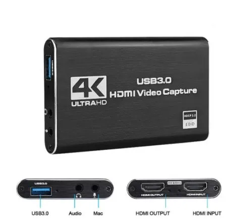 Black 4K HDMI game capture card with USB3.0 interface for streaming and recording