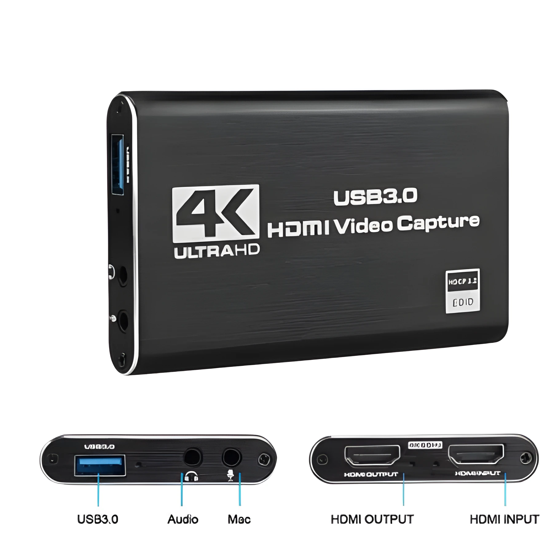 Black 4K HDMI game capture card with USB3.0 interface for streaming and recording