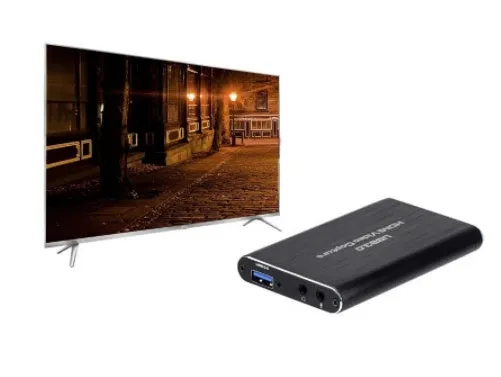 Black 4K HDMI game capture card with USB3.0 interface for streaming and recording