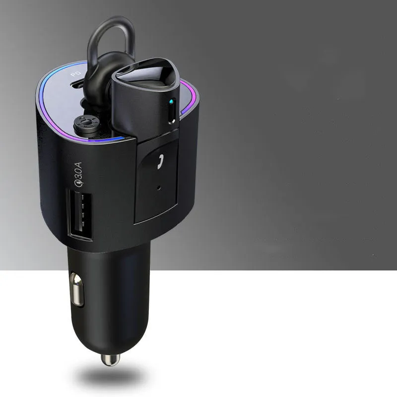 Two In One Car Charger Super Fast Charging with USB and Type-C outputs in black and white, 4.5x4.4x10.5cm