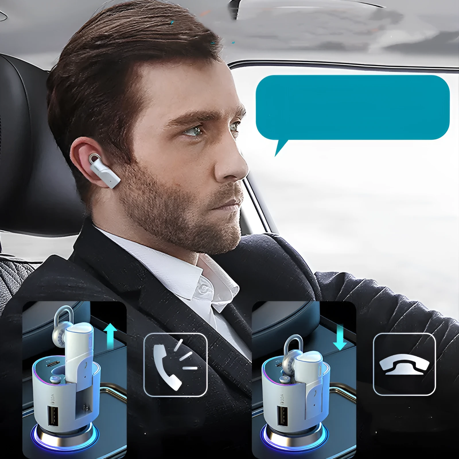 Two In One Car Charger Super Fast Charging with USB and Type-C outputs in black and white, 4.5x4.4x10.5cm