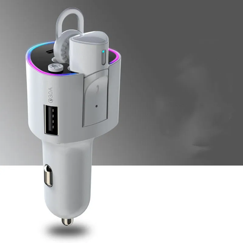 Two In One Car Charger Super Fast Charging with USB and Type-C outputs in black and white, 4.5x4.4x10.5cm
