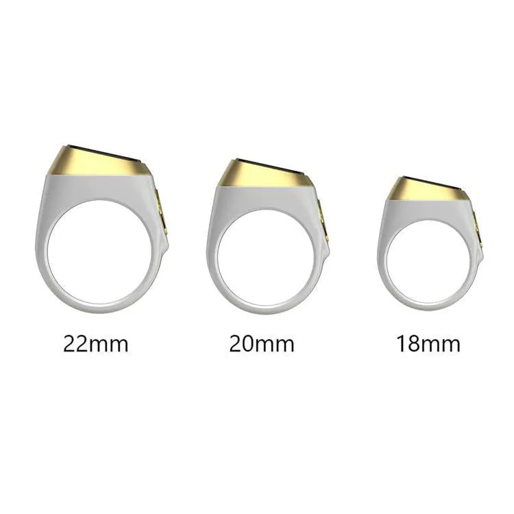 Zikr1 metal smart ring for Tasbih counting on a finger, showing its OLED display and single button.