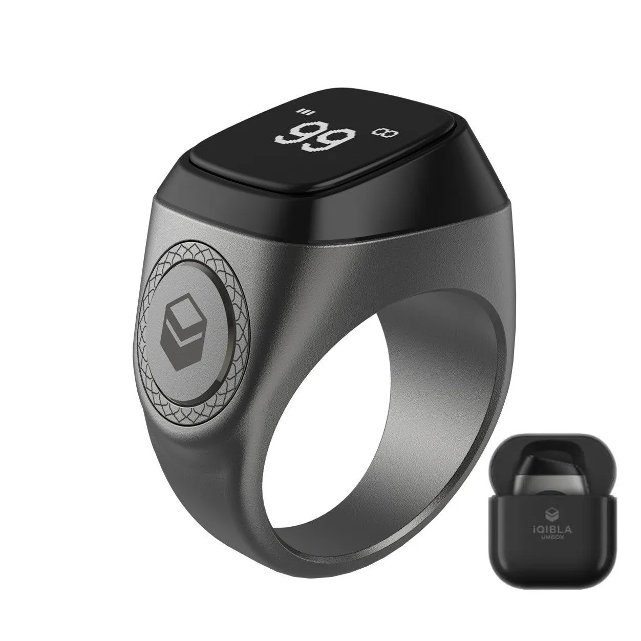 Zikr1 metal smart ring for Tasbih counting on a finger, showing its OLED display and single button.
