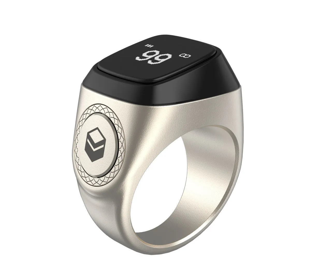 Zikr1 metal smart ring for Tasbih counting on a finger, showing its OLED display and single button.