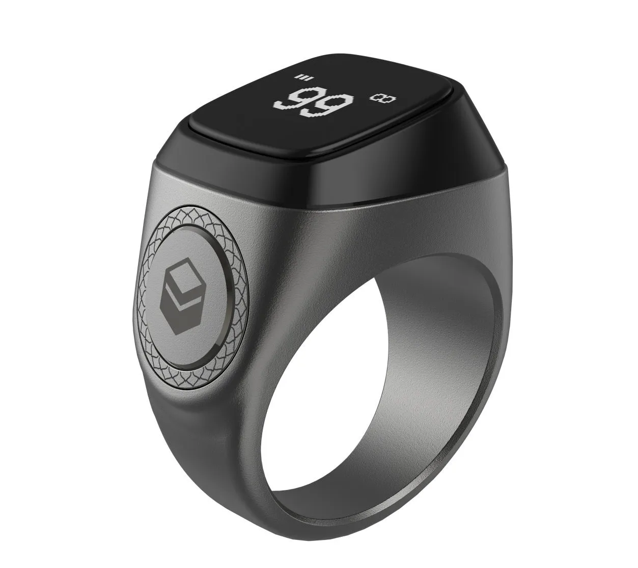 Zikr1 metal smart ring for Tasbih counting on a finger, showing its OLED display and single button.