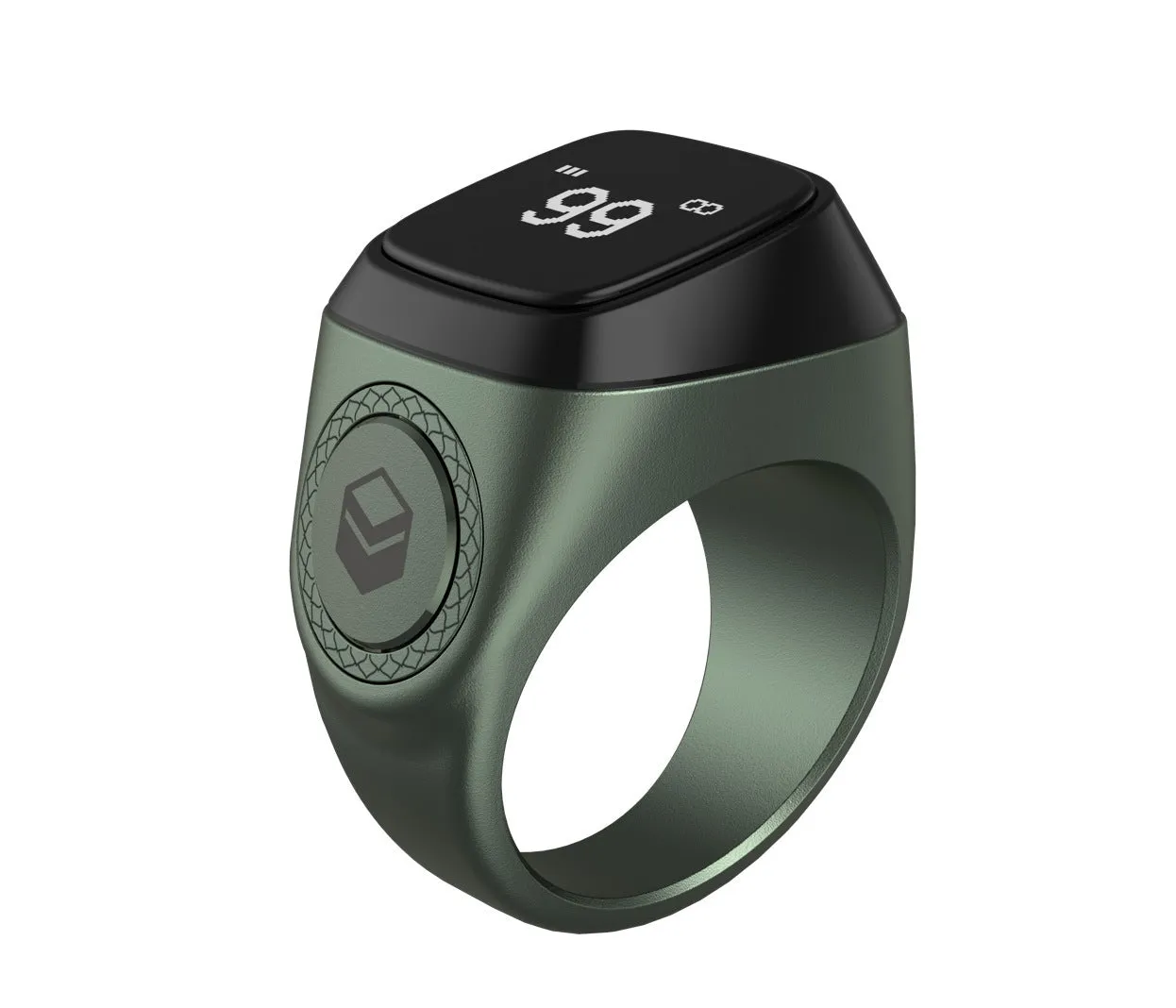 Zikr1 metal smart ring for Tasbih counting on a finger, showing its OLED display and single button.