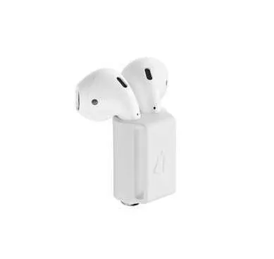 Black silicone AirPods holder strap attached to an Apple Watch band, measuring 2.5 cm x 1.8 cm