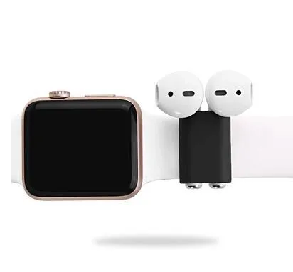 Black silicone AirPods holder strap attached to an Apple Watch band, measuring 2.5 cm x 1.8 cm