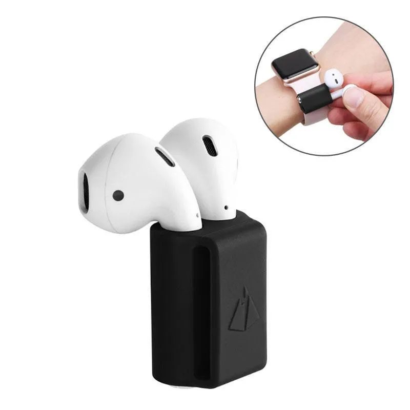 Black silicone AirPods holder strap attached to an Apple Watch band, measuring 2.5 cm x 1.8 cm