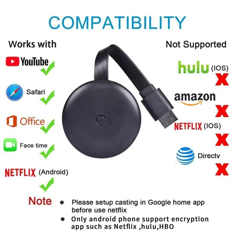 Compact black wireless display adapter for Apple devices, 4K resolution with AirPlay and Miracast support, made of ABS plastic