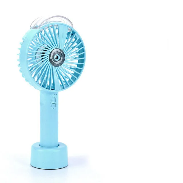 i9 Nano Water Fan USB handheld fan with rechargeable battery and water bottle in blue colour