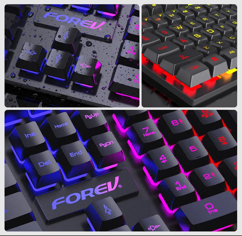 Four piece wired computer accessory set with keyboard, mouse, earphone, and mouse pad on a desk