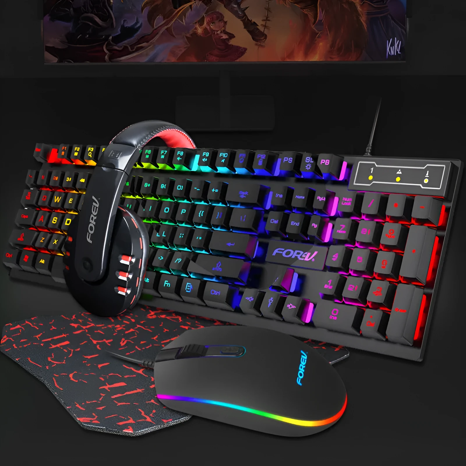 Four piece wired computer accessory set with keyboard, mouse, earphone, and mouse pad on a desk