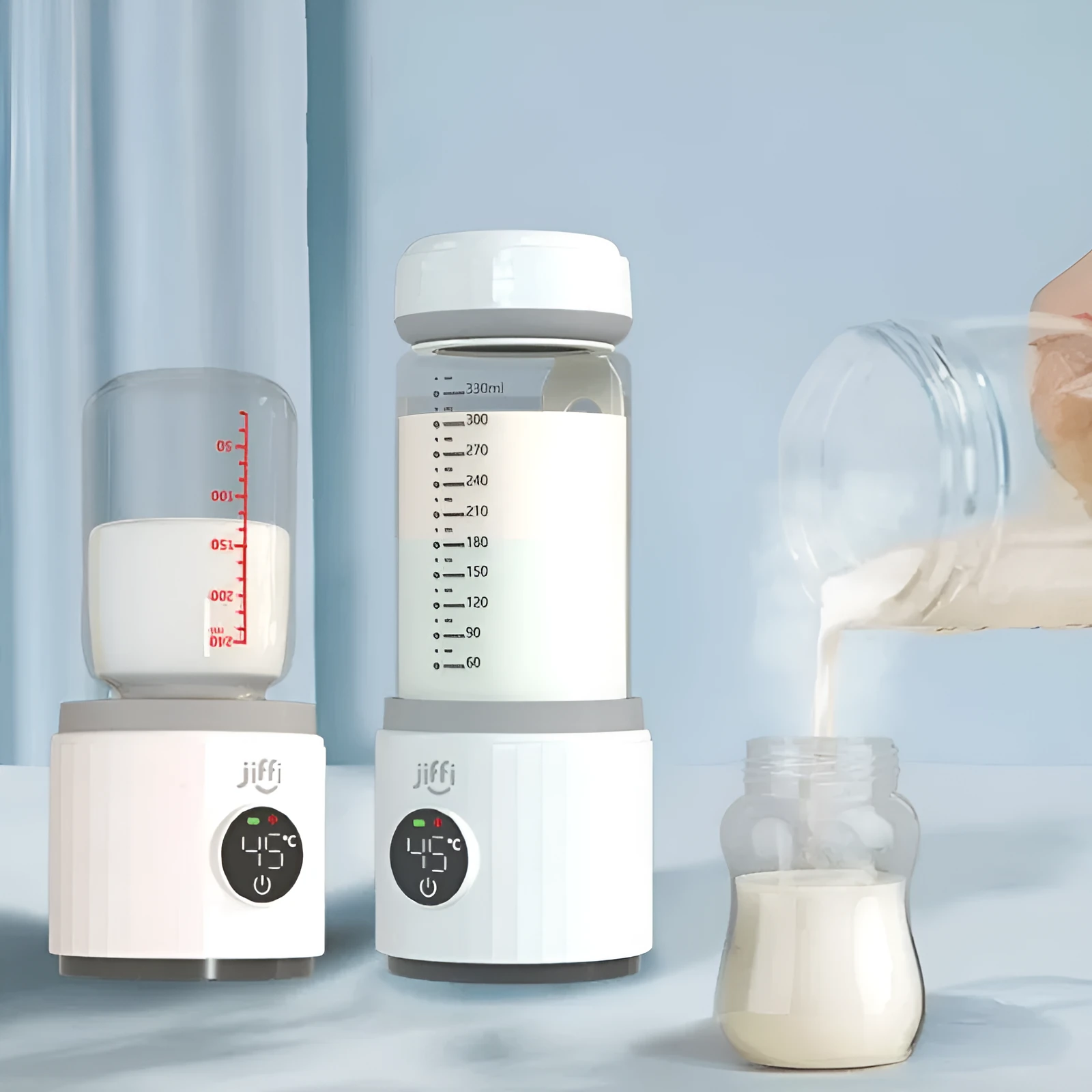 Wireless portable milk warmer in white with 350ml capacity and 316L stainless steel inner container