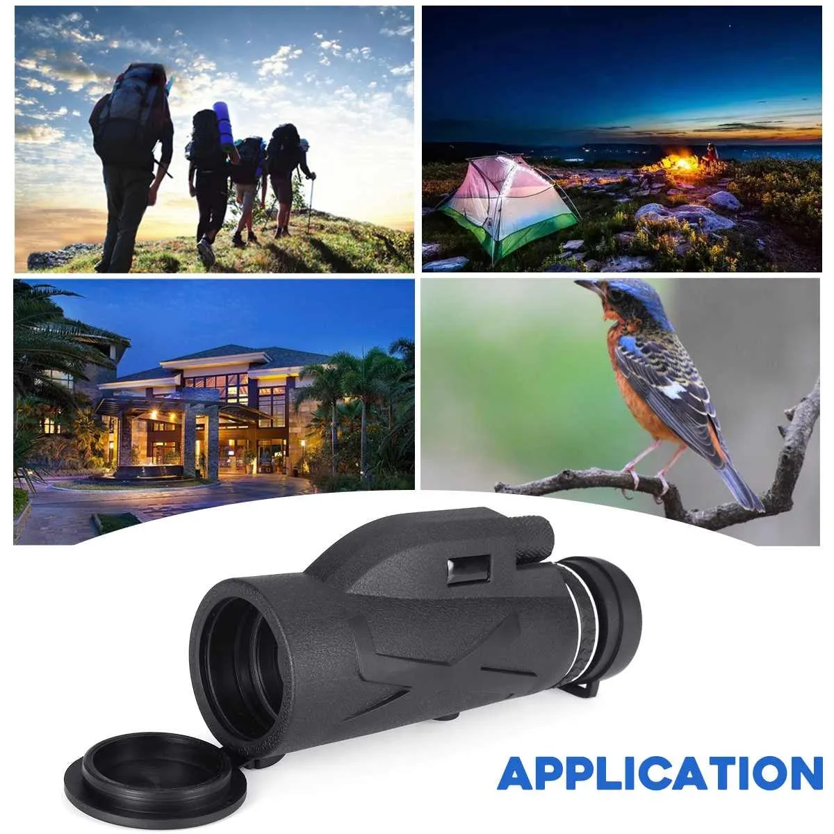 Black 80x magnification spotting telescope monocular with tripod and phone clip on outdoor surface
