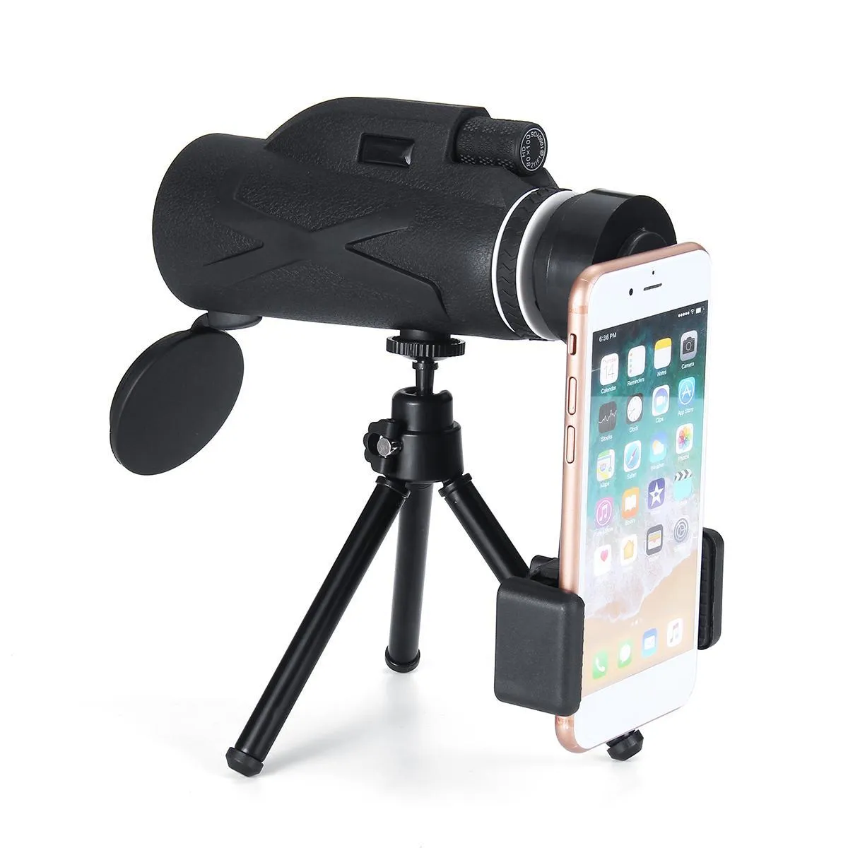 Black 80x magnification spotting telescope monocular with tripod and phone clip on outdoor surface