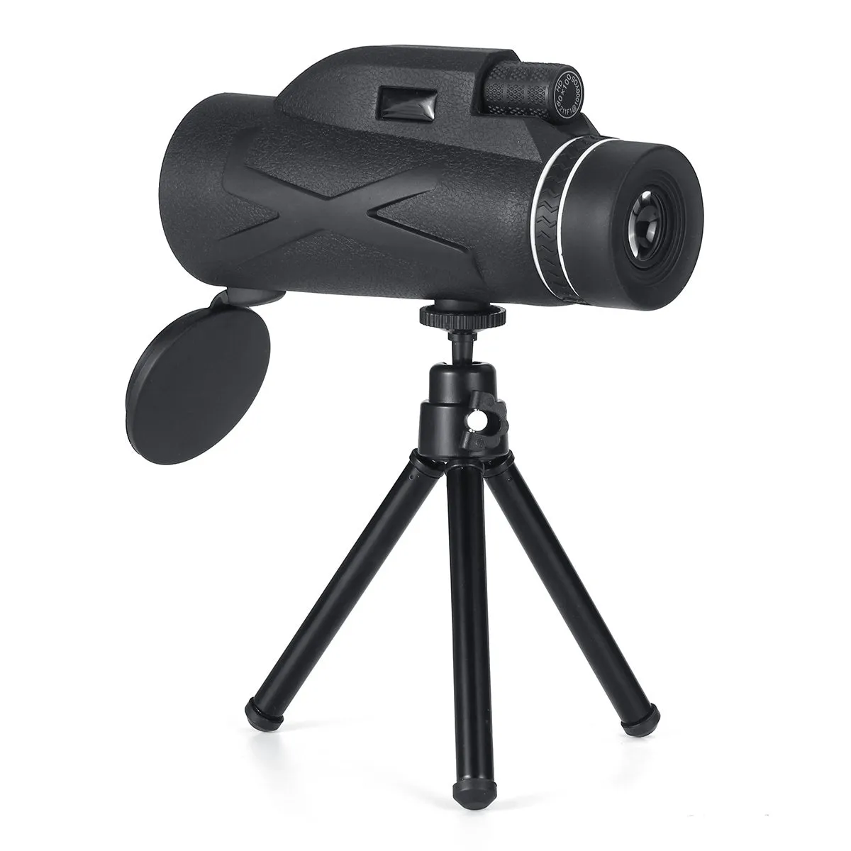 Black 80x magnification spotting telescope monocular with tripod and phone clip on outdoor surface