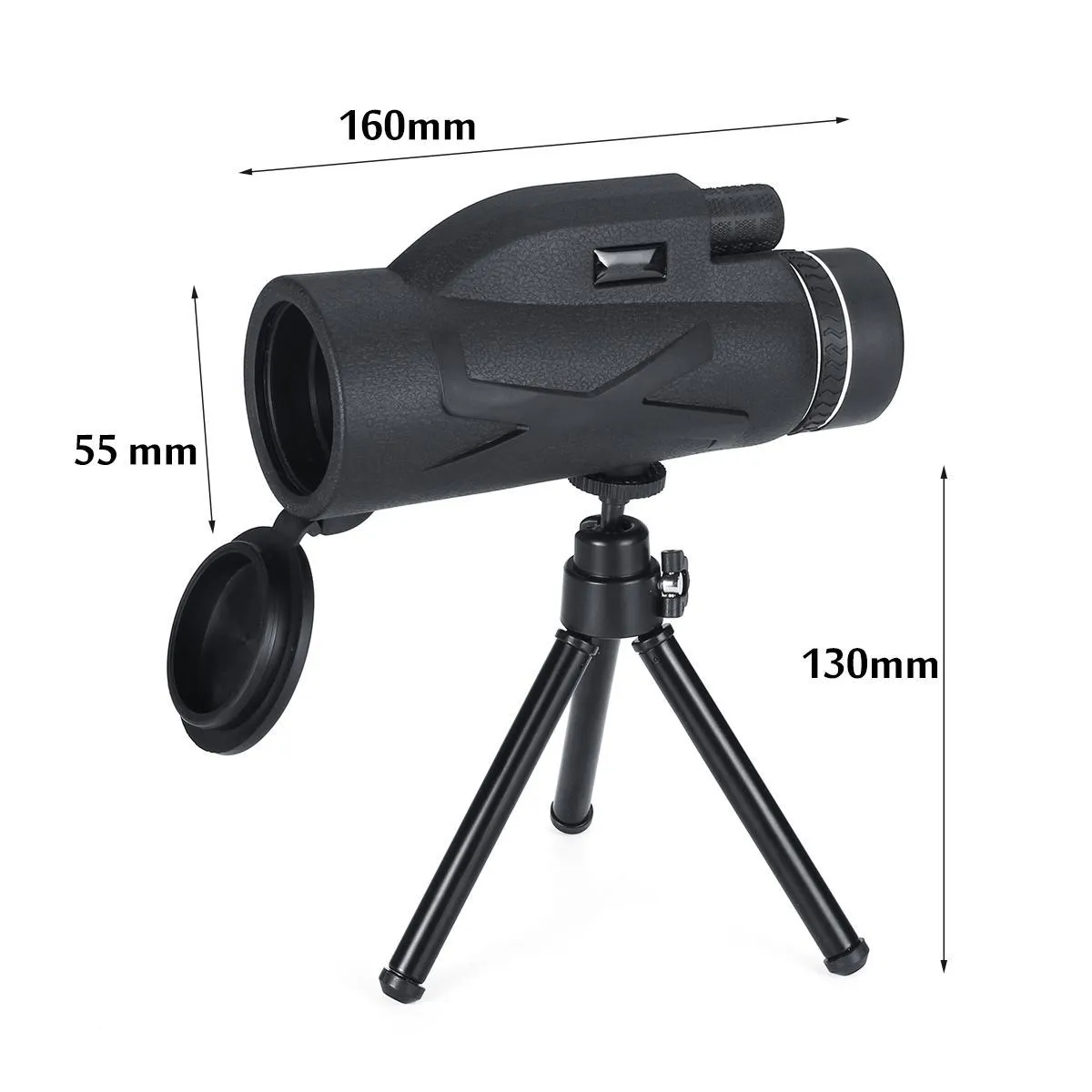 Black 80x magnification spotting telescope monocular with tripod and phone clip on outdoor surface