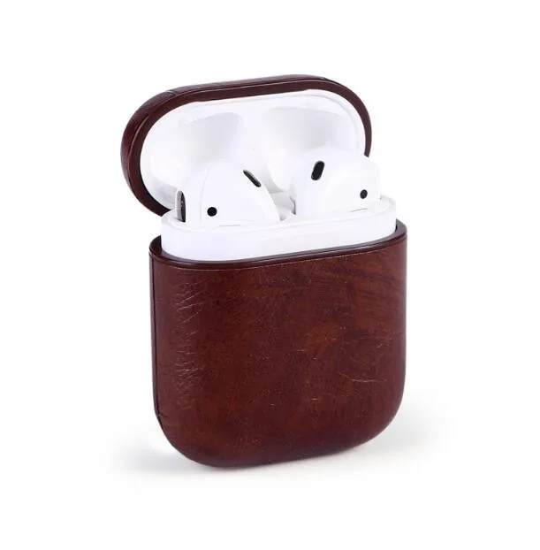 Genuine leather protective case for Apple Airpods charging box in black, brown, light brown, and red.
