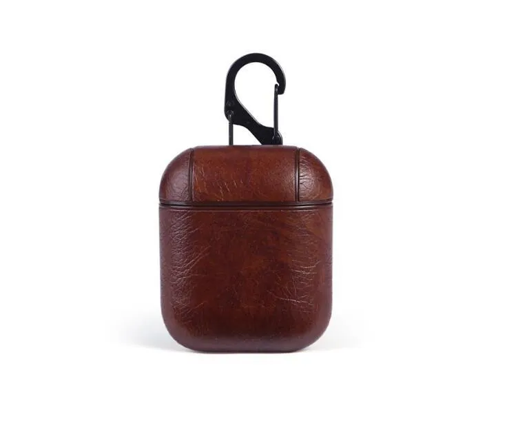 Genuine leather protective case for Apple Airpods charging box in black, brown, light brown, and red.