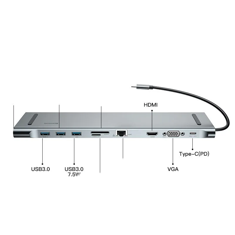 Ten In One MacBook Multi-function Adapter aluminium alloy USB-C hub with HDMI VGA USB 3.0 RJ45 Ethernet SD card slot and Type-C charging in Space Grey