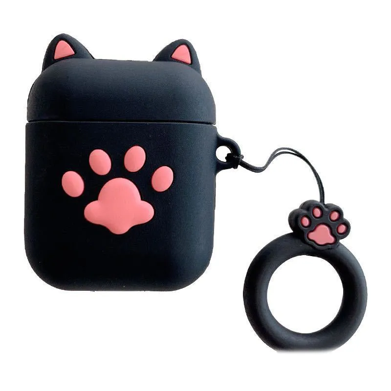 Cat claw silicone headphone case for Airpods with pink cat ear design and ring rope