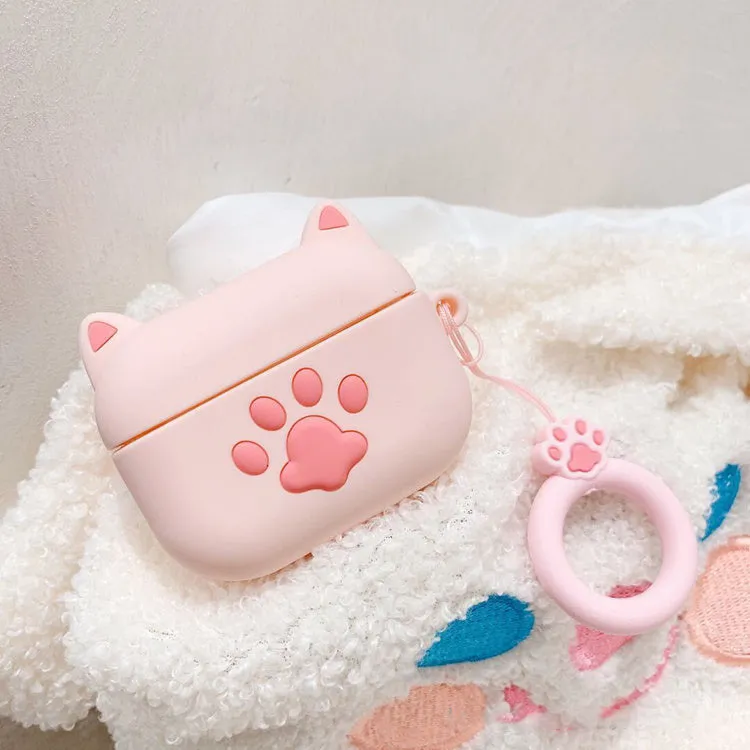 Cat claw silicone headphone case for Airpods with pink cat ear design and ring rope