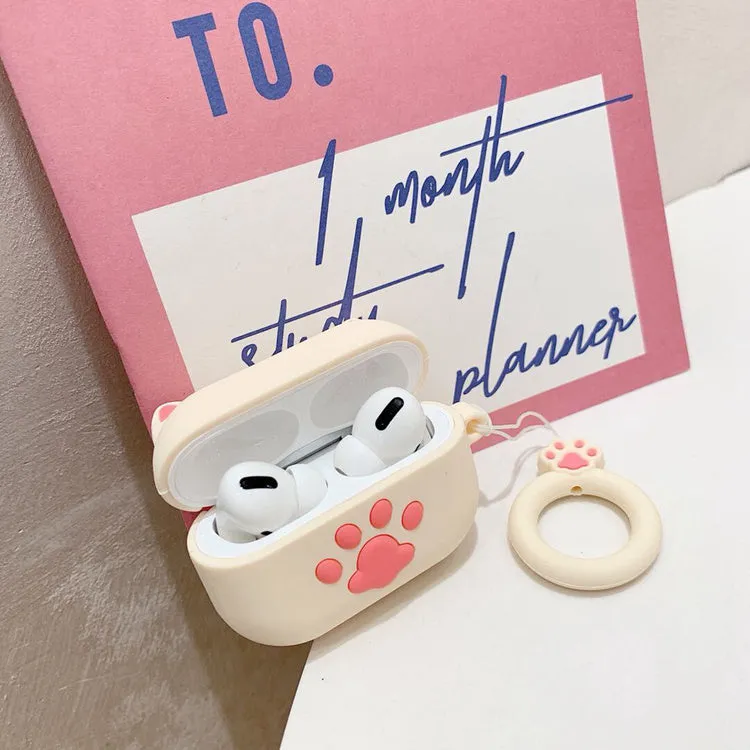 Cat claw silicone headphone case for Airpods with pink cat ear design and ring rope