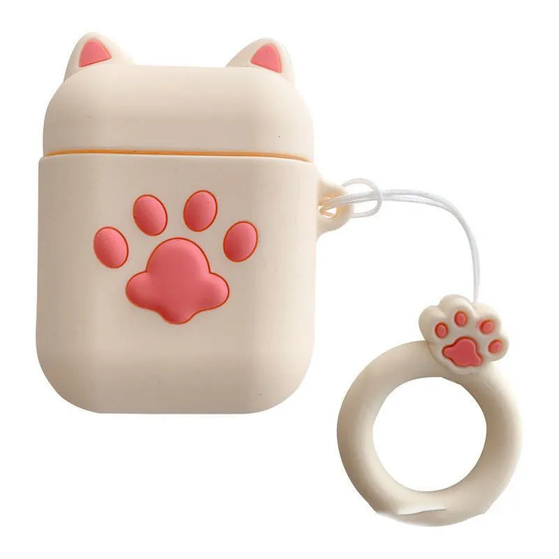 Cat claw silicone headphone case for Airpods with pink cat ear design and ring rope