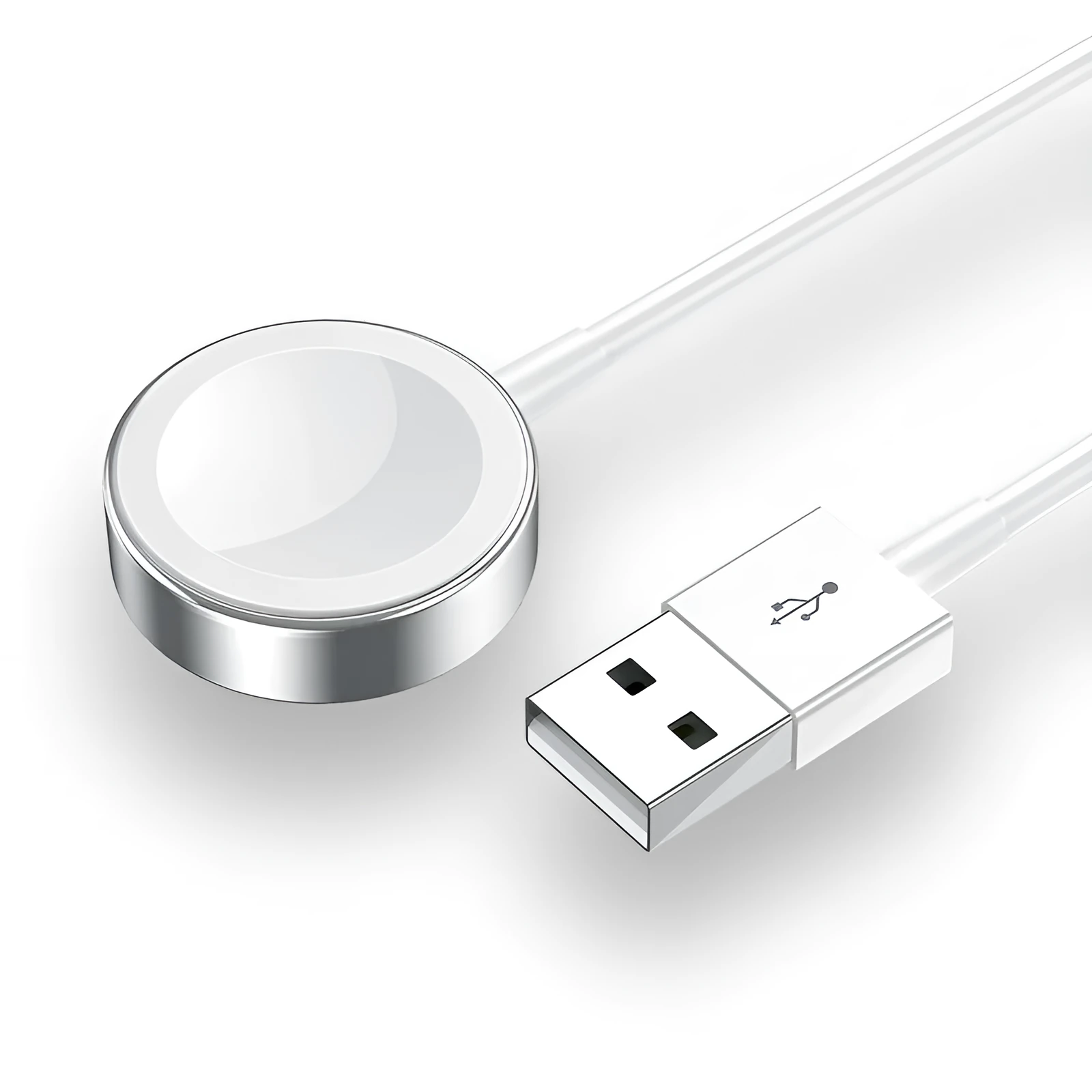White metal Apple Watch wireless charger with 1m USB cable on a table