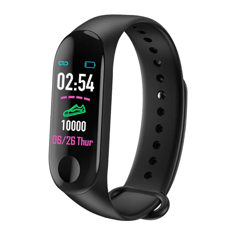 M3 smart bracelet with colour screen showing fitness data on a black TPE wristband.