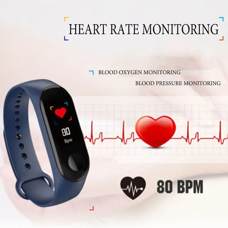 M3 smart bracelet with colour screen showing fitness data on a black TPE wristband.