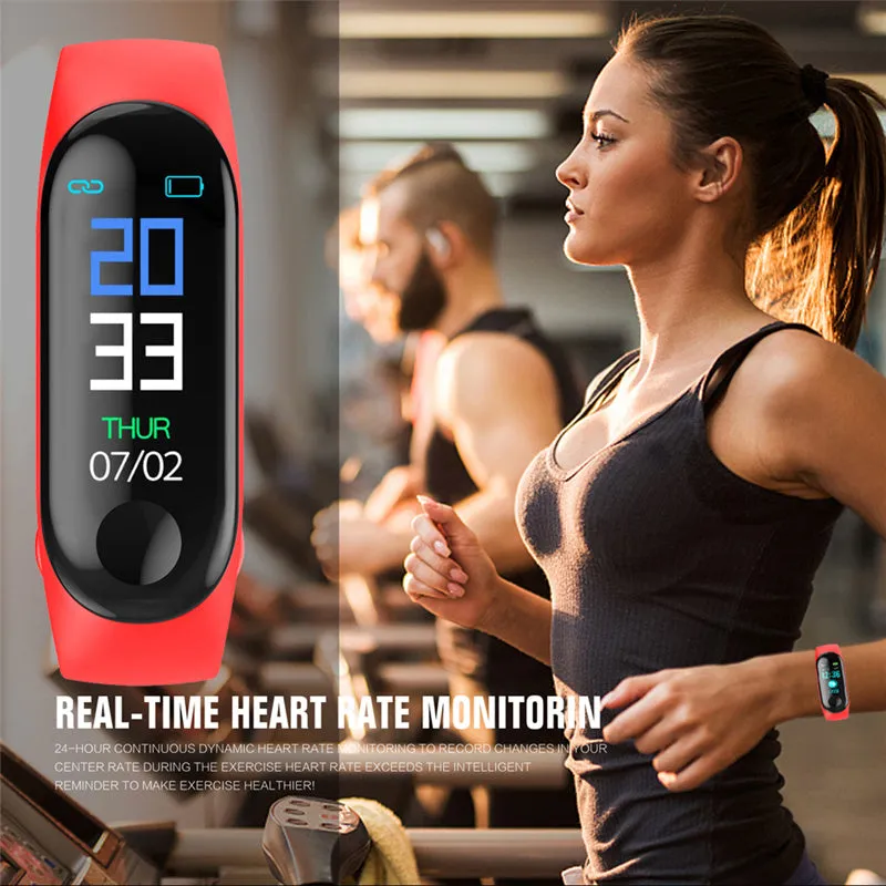 M3 smart bracelet with colour screen showing fitness data on a black TPE wristband.
