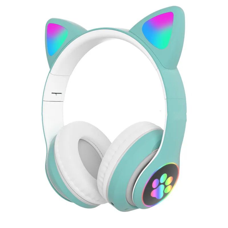 Cat ears head-mounted gaming headset with glowing details, Bluetooth 5.0, available in five colours Black Blue Green Pink Purple