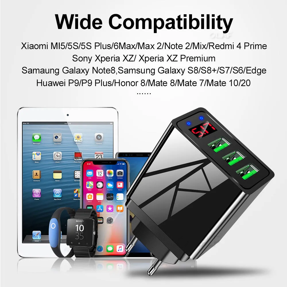 Digital display travel charger with three USB ports and interchangeable EU UK US plugs in black