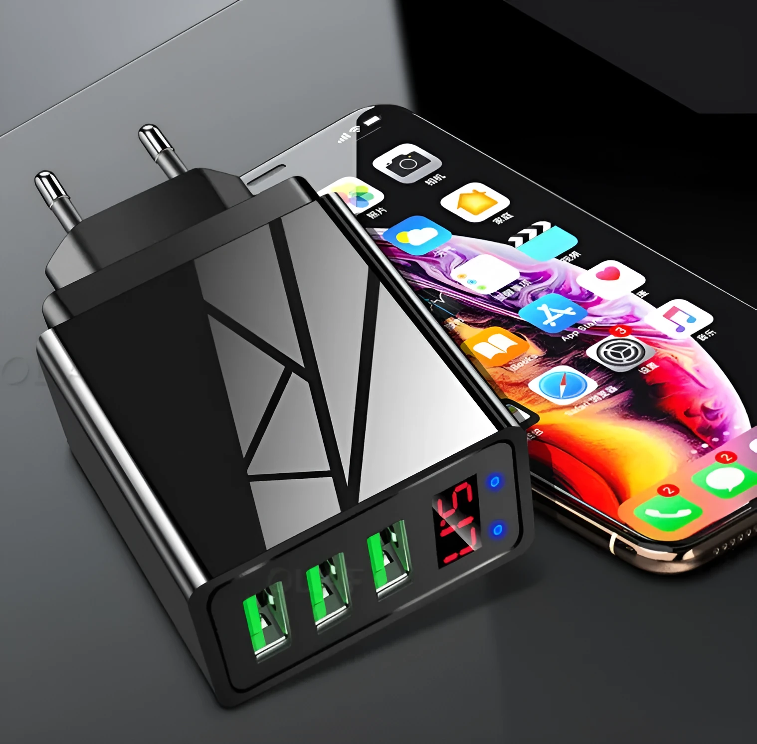 Digital display travel charger with three USB ports and interchangeable EU UK US plugs in black