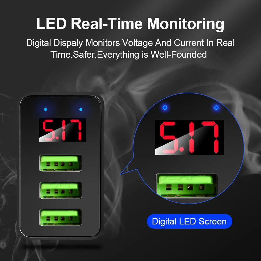 Digital display travel charger with three USB ports and interchangeable EU UK US plugs in black