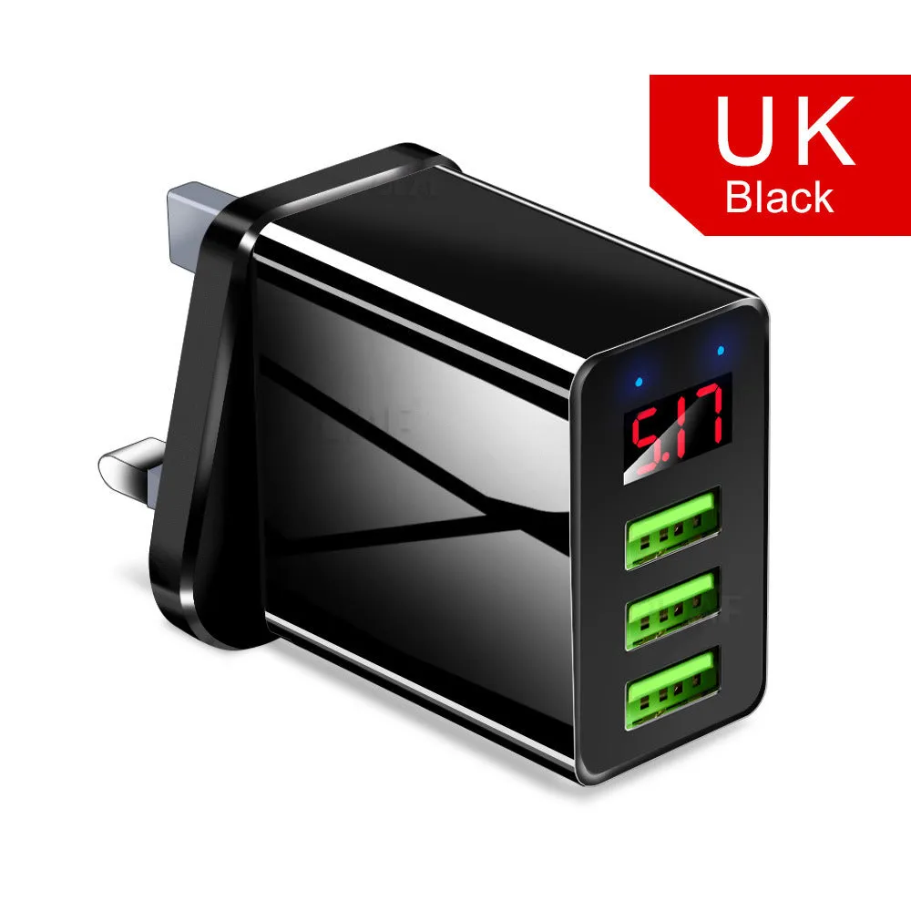 Digital display travel charger with three USB ports and interchangeable EU UK US plugs in black