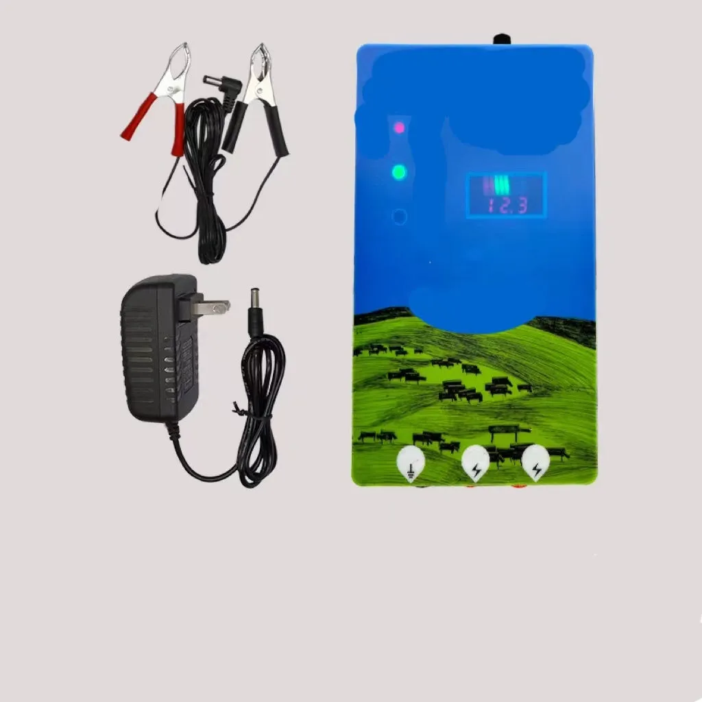 Pasture electric fence control host unit with alarm display and solar panel for livestock containment.