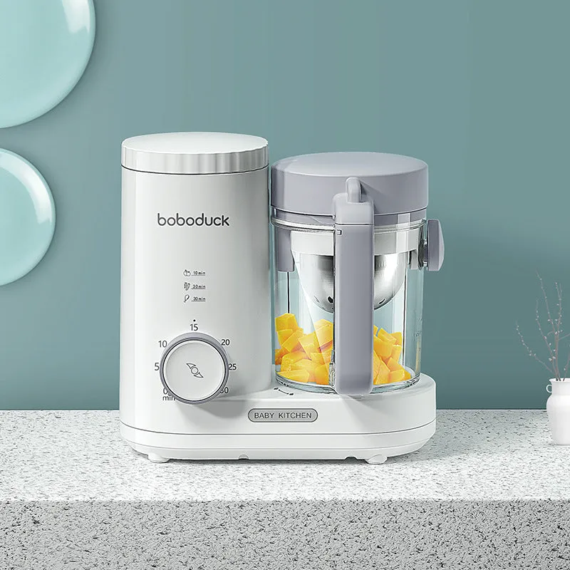 Millet white stainless steel baby food processor blender on countertop