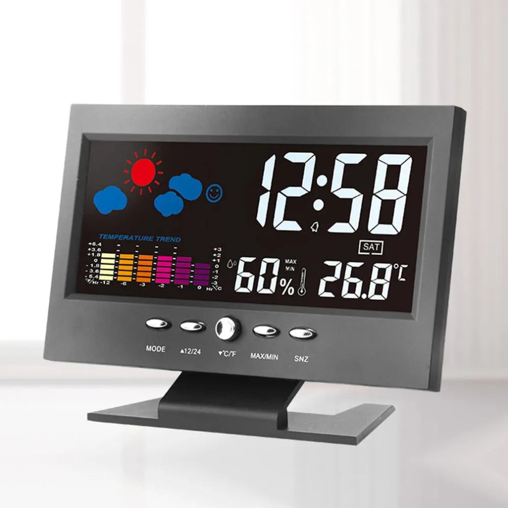 Multi-function large screen perpetual calendar clock showing time and date with voice-activated backlight in black finish