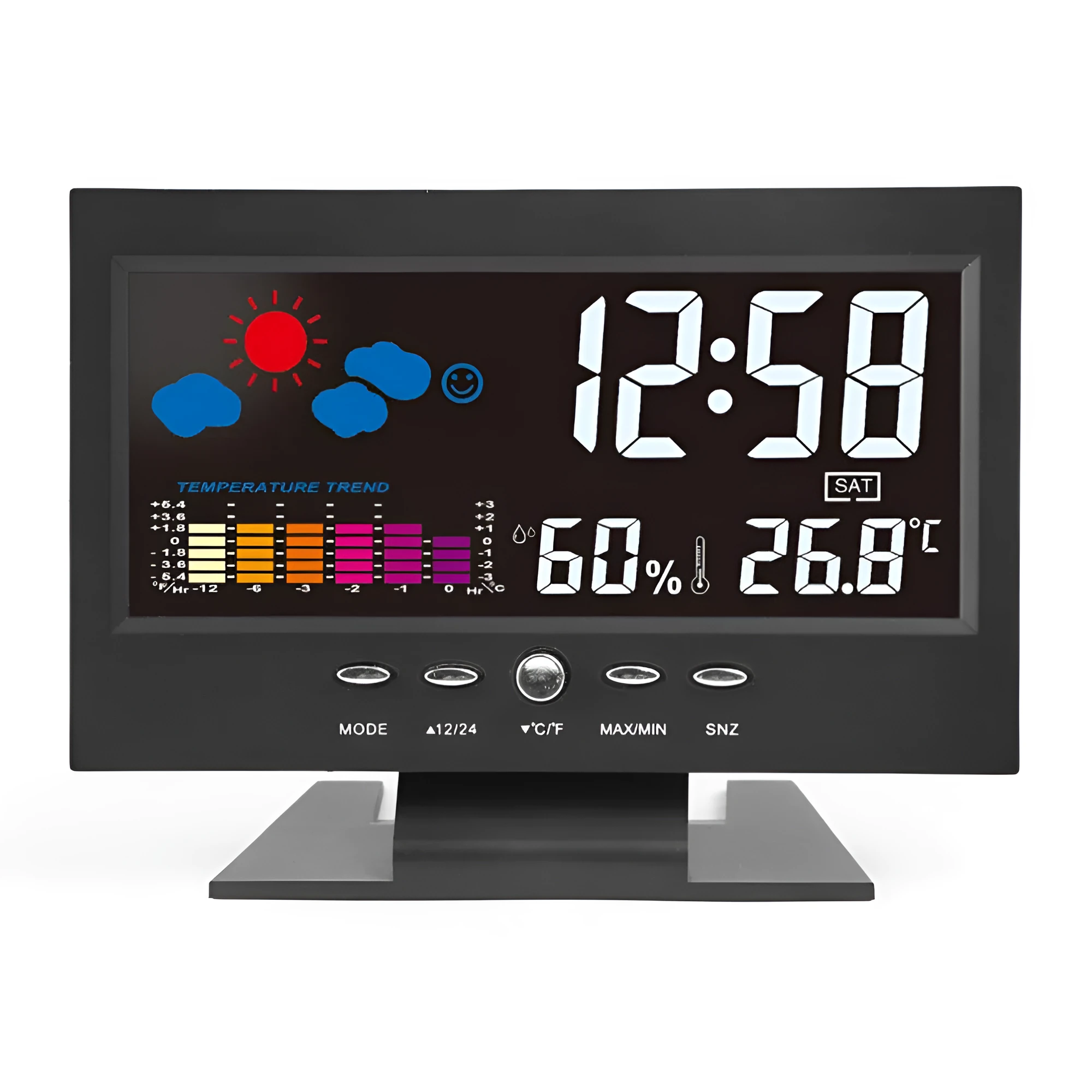 Multi-function large screen perpetual calendar clock showing time and date with voice-activated backlight in black finish