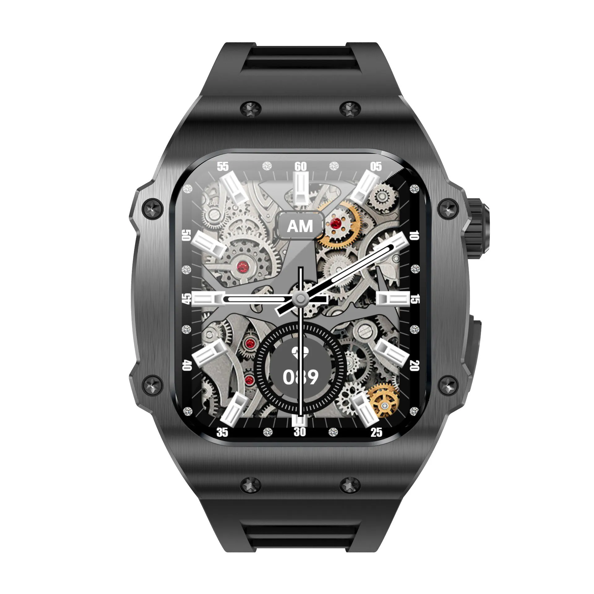 Men's smart watch with 1.91-inch IPS screen, waterproof, all-day health monitoring, white frame black strap, sitting on a table