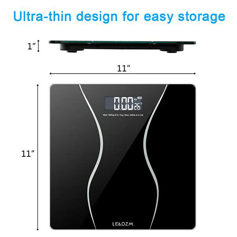 Black electronic body scale with LCD display showing weight measurement up to 180kg