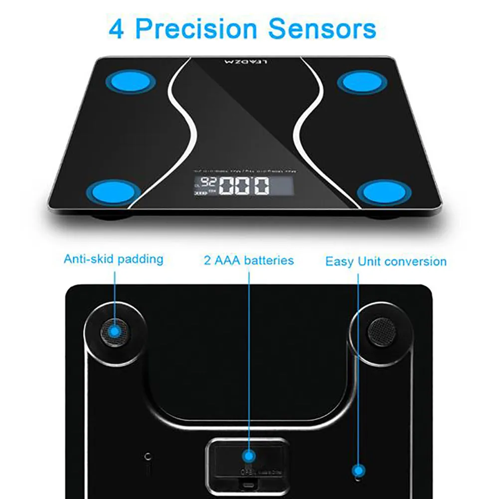 Black electronic body scale with LCD display showing weight measurement up to 180kg