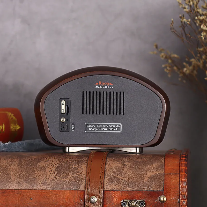 FMAM portable Bluetooth speaker in walnut finish with USB interface and control buttons